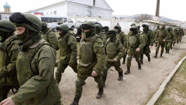 On the march: Russian troops near the Crimean city of Simferopol.