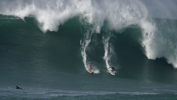 Liquid mountains...two surfers take the drop at Waimea Bay on the North Shore of Oahu, Hawaii, on Monday. The huge swell means the Eddie Aikau big-wave contest will be run for the first time since 2004.
