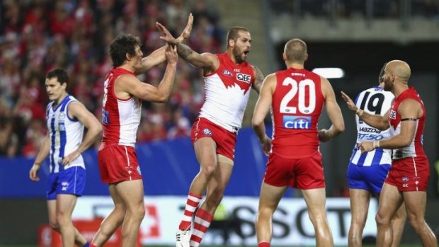 Lance Franklin celebrates after kicking a goal as North Melbourne's players look dejected.