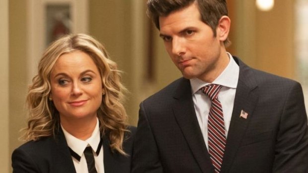 One last walk through Pawnee City Hall: Leslie Knope (Amy Poehler) and husband Ben Wyatt (Adam Scott).