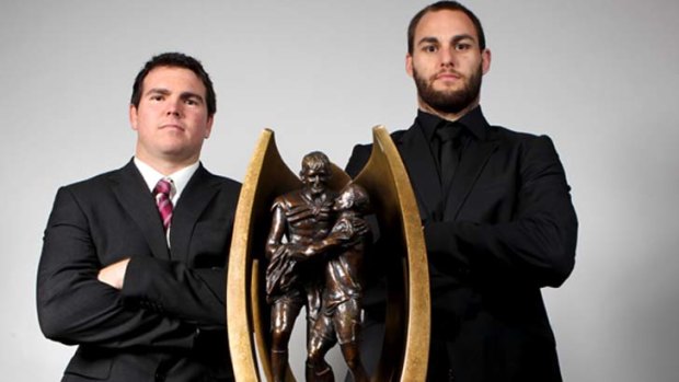 The captains ... Jamie Lyon, left, of the Sea Eagles and Simon Mannering of the Warriors. One of these men will be holding this trophy tonight at ANZ Stadium.