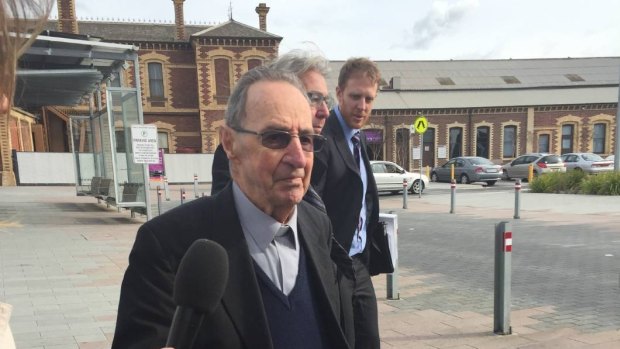 Former Ballarat Bishop Ronald Mulkearns outside court in Geelong on Wednesday. 
