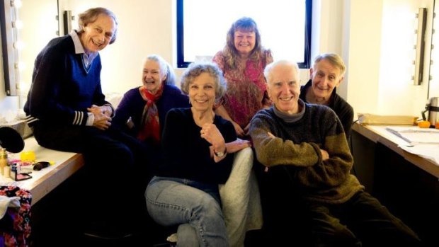 Actors, (L-R) Barry Otto, Maggie Dence, Anna Volska, Genevieve Lemon, Peter Carroll, and John Gaden are channelling teen spirit in the green room at Belvoir Theatre, in Surry Hills.