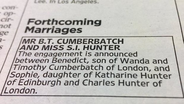 Benedict Cumberbatch's engagement announcement in <i>The Times</i>.