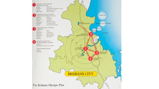 A proposed map of venues for the '92 Brisbane Olympics.<B><A href= http://images.brisbanetimes.com.au/file/2012/07/27/3495517/book-4.jpg?rand=1343340526216 > VIEW IT IN FULL </a></b>
