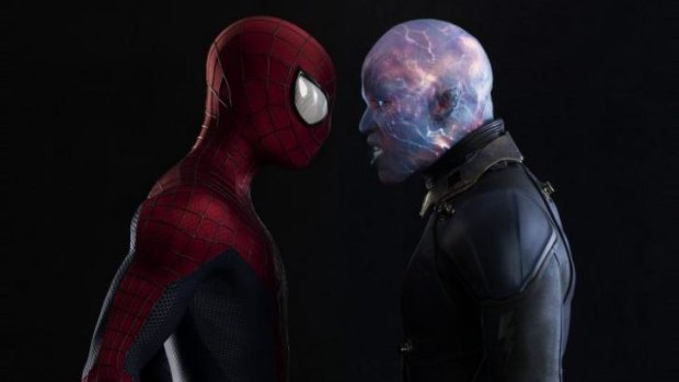 Jamie Foxx as Electro, right, in the <i>Amazing Spider-Man 2</i>.