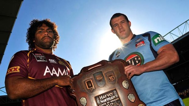Shield of dreams: Queensland's Sam Thaiday (left) and News South Wales' Paul Gallen hold the state-of-origin shield.