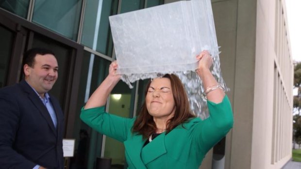 Say freeze: Greens Senator Sarah Hanson-Young takes on the Ice Bucket Challenge.