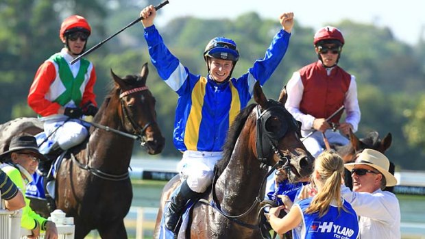 Good combination: James McDonald salutes after piloting It's A Dundeel to an impressive victory in the Royal Randwick Guineas at Warwick Farm.