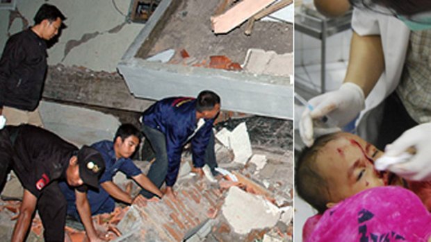 Searchers look for bodies beneath a collapsed boarding school in Tasikmalaya, West Java (left) while hospital staff treat an injured baby.