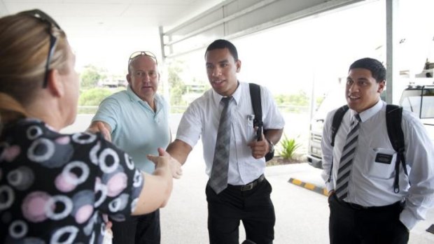 William Hopoate meeting members of the public in Beenleigh in 2012 during his Mormon missionary.