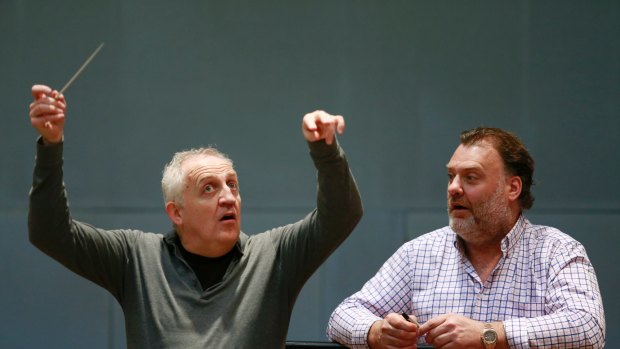 Bryn Terfel, right, with Melbourne Symphony Orchestra conductor Bramwell Tovey at rehearsals on Thursday.
