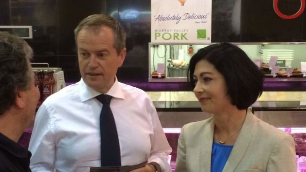 Opposition Leader Bill Shorten campaigns with Labor Griffith candidate Terri Butler at Carindale.