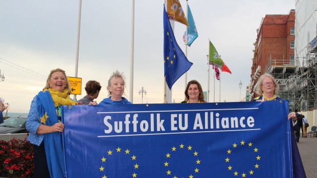 Jules Ewart, Chair of the Suffolk cross-party EU Alliance party and Vanda Rettie, Sharon Cullum and Sarah Thompson travelled five hours to protest in Brighton calling for Labour to support Britain remaining in the EU.