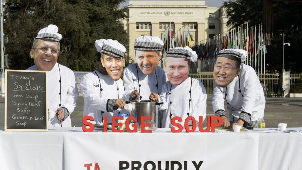 Protesters serve up "siege soup" during the start of Syrian peace talks in Geneva.