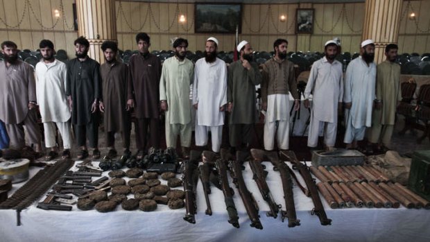 Taliban militants arrested by joint Afghan forces are presented to the media at the governors home in Jalalabad east of Kabul.