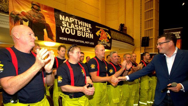 Premier Daniel Andrews received rousing applause while addressing Victorian firefighters at the Collingwood Town Hall last November.  