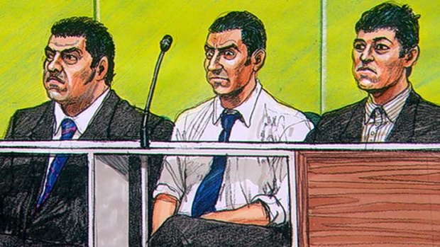 Sketch of Alfer Azzopardi, Michael Baltatzis and Sean Gabriel during their trial in 2009.