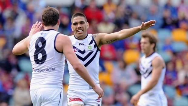 Fremantle's Michael Walters celebrates a goal. He's been integral to the Dockers' high scores in recent weeks.