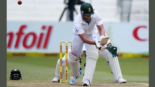 Jacques Kallis plays tentatively forward to a turning delivery during the morning session.