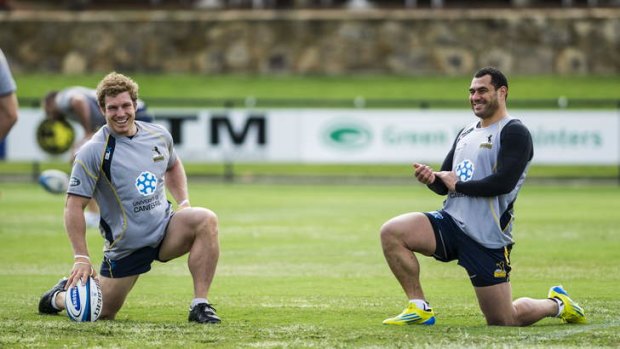 David Pocock and George Smith during his first training session back with the Brumbies.