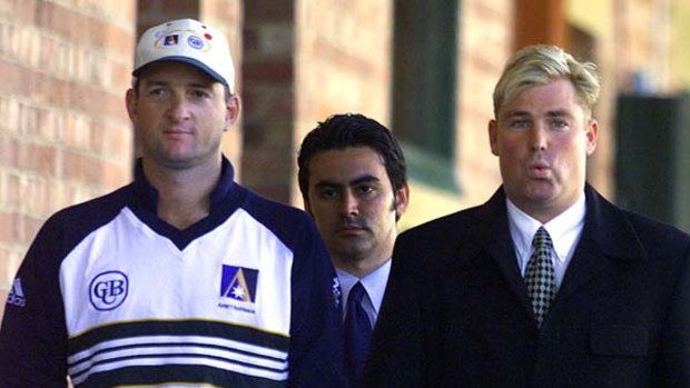 1998: Australian players Shane Warne (R) and team-mate Mark Waugh arrive for a press conference in Adelaide December 9 where they both admitted taking money from an Indian bookmaker in return for pitch and weather information.