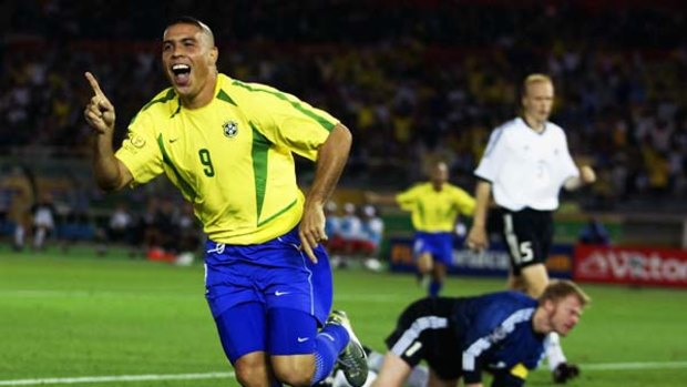 Ronaldo celebrates after scoring in the 2002 World Cup final against Miroslav Klose's Germany.