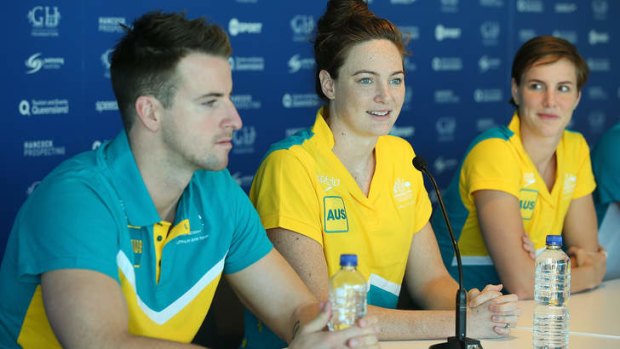 James Magnussen, Cate Campbell and Bronte Campbell speak to media during the Australian Pan Pacs Squad press conference at the Gold Coast Aquatic Centre.