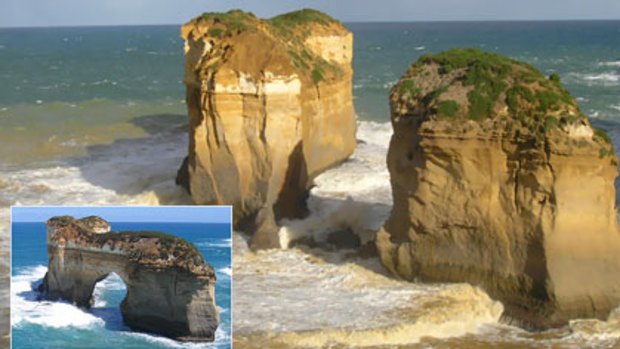 Island Archway (inset) is now two new features on the Great Ocean Road near Loch Ard Gorge after the middle section collapsed into the sea this week.
