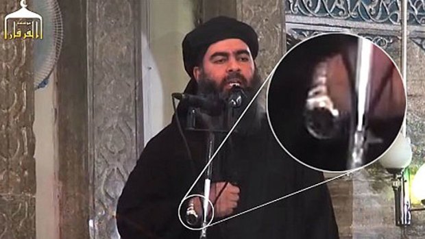 Abu Bakr al-Baghdadi and his watch during a reported speech at Mosul's Great Mosque.