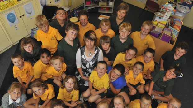 Peri Dix, principal of Marysville Primary School, with all her students - from prep to grade 6.