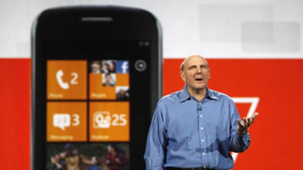 Microsoft CEO Steve Ballmer talks about the Windows 7 phone during his keynote address on the eve of the Consumer Electronics Show in Las Vegas.