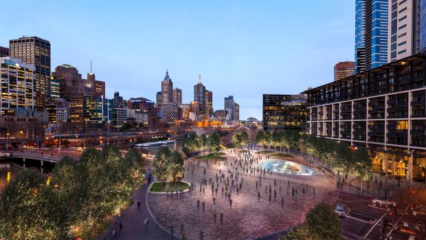 Crown Casino's plan for an upgraded Queensbridge Square as part of its hotel plan. 