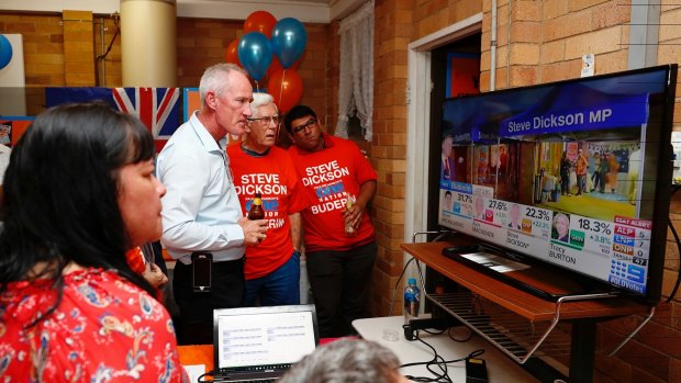 Steve Dickson and a handful of supporters watch the results being reported on television.