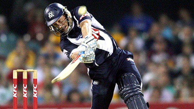 Victoria's matchwinner, David Hussey, smashes a boundary en route to 60 in the Bushrangers' Twenty20 win last night at the Gabba.
