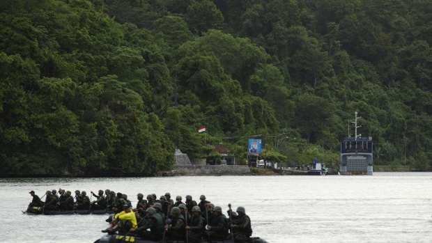 Indonesian military hold training exercises near Nusakambangan prison.