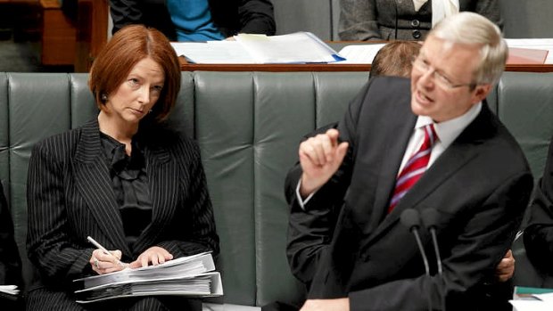 Deputy Prime Minister Julia Gillard and Prime Minister Kevin Rudd in Parliament in June 2010.