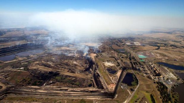Aerial photos of the coal pit at Hazelwood power station which has been burning for weeks blanketing nearby Morwell in smoke.
