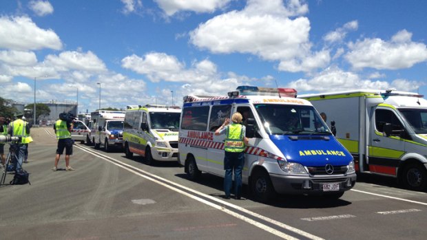 Ambulances line up at Brisbane AIrport for the arrival of evacuated Bundaberg Hospital patients.
