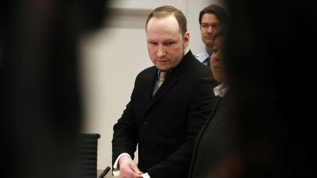 Giving evidence ... Norwegian mass killer Anders Behring Breivik arrives for the second day of his terrorism and murder trial.
