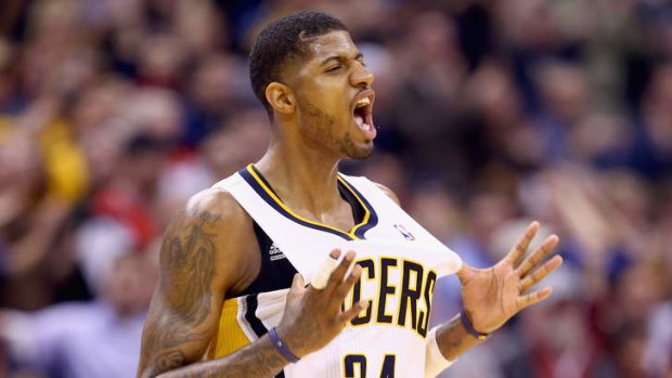 Indiana Pacers star Paul George celebrates during overtime in the 118-113 win over the Portland Trailblazers.