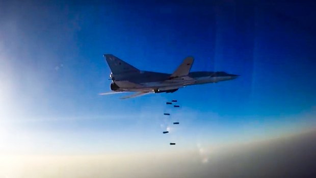 A Russian long range bomber flies during an air strike over Aleppo.