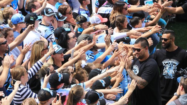 Hero's welcome: Andrew Fifita meets Cronulla fans on Monday.