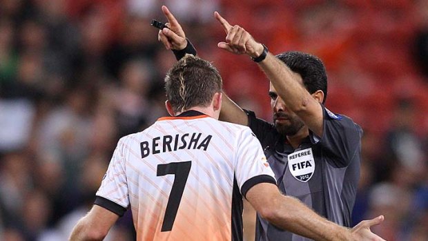 Brisbane star Besart Berisha tries to argue a point with referee Torki Mohsen during the AFC Asian Champions League match against Ulsan Hyundai during the week.
