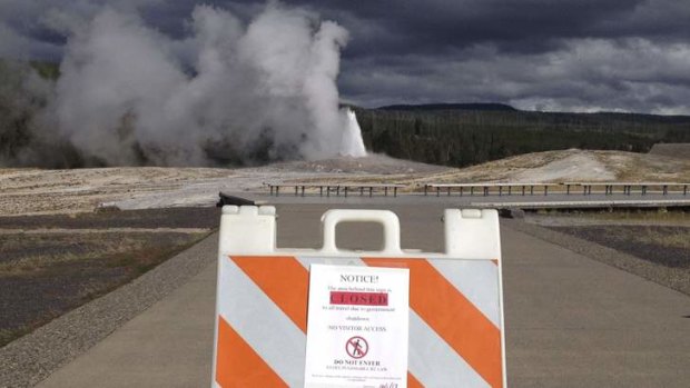 Hissing: A sign announces the closure of the Old Faithful Geyser in Yellowstone.