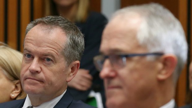 Opposition Leader Bill Shorten and Prime Minister Malcolm Turnbull at a family violence event on Tuesday.