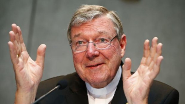 Sweeping changes ... Cardinal George Pell outlines his plans to restructure the scandal-ridden Vatican Bank as he introduces the institution's new president, French businessman Jean-Baptise de Franssu, at the Vatican. 