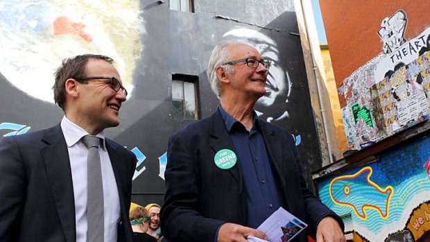 ''Mainstream credentials'': Greens Deputy Leader Adam Bandt (left), in inner-city Newtown, with the Greens candidate for Grayndler, Hall Greenland.