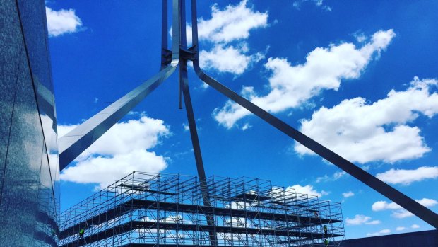 Scaffolding is in place around the large skylight directly underneath Parliament House's main flagpole.