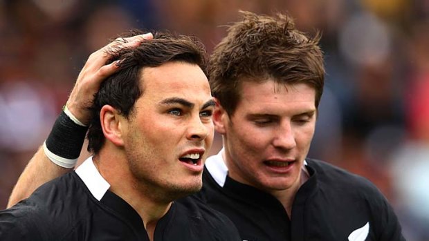 Colin Slade (R) with Zac Guildford after the five-eighth's pass set up the opening try against Canada.